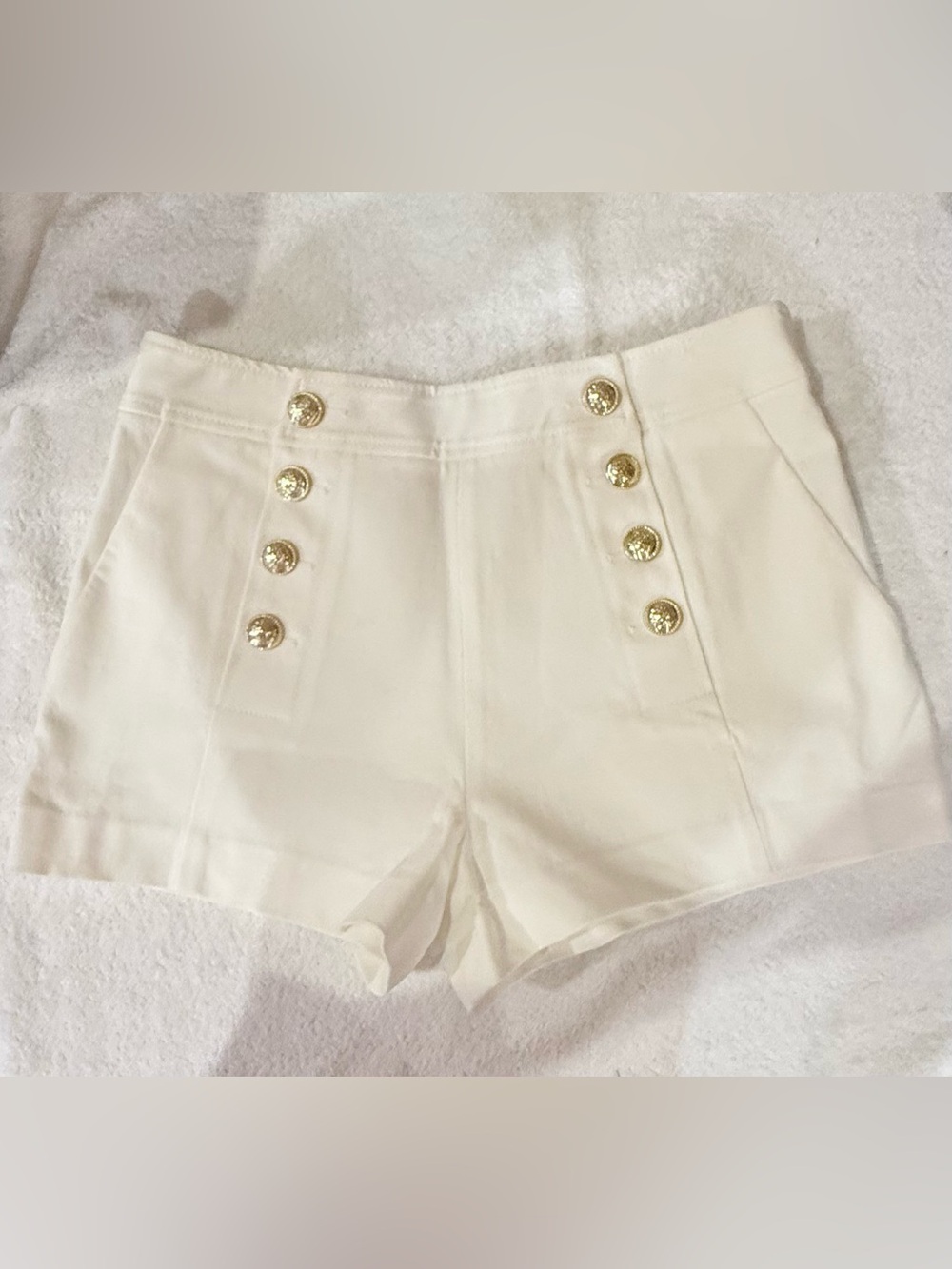Derek Lam Cream High-Waist Sailor Shorts with Gold Buttons